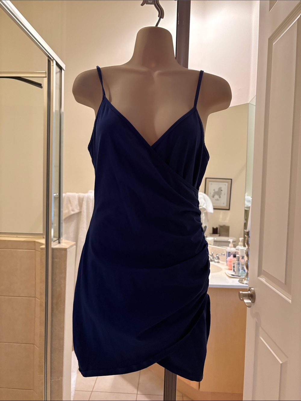 by the way. Navy Wrap-Style Spaghetti Strap Mini Dress